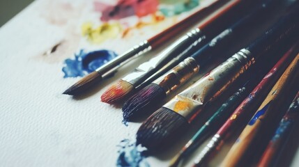 Obraz premium An artistic display of watercolor paints and brushes on a white table, creating a perfect setting for creative expression and ample copy space.