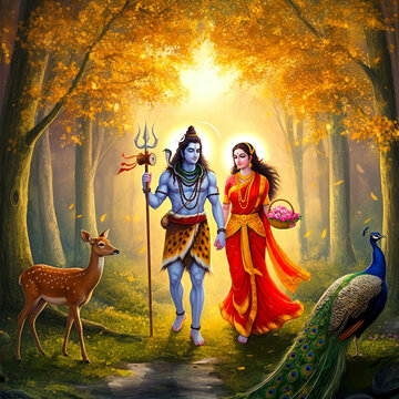 Another depiction of Lord Shiva and Goddess Parvati walking together in a glowing forest, symbolizing divine harmony in nature