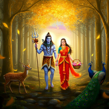 Lord Shiva and Goddess Parvati walking through a forest, accompanied by peacocks and deer, bathed in golden light