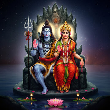 Lord Shiva and Goddess Parvati seated together on a throne, with Shiva holding his trident and Parvati radiating grace