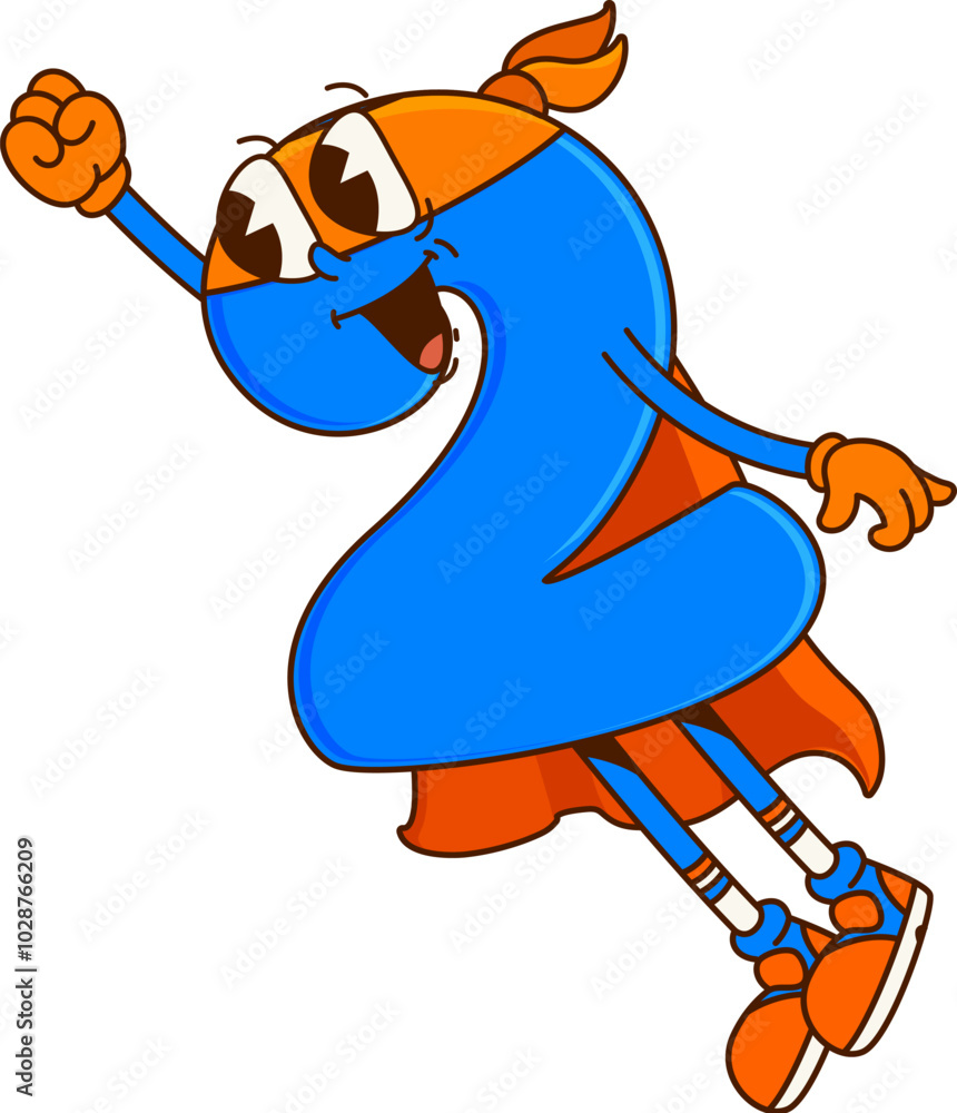 Poster math number two superhero groovy character flying to save the world with raised fist and happy smile