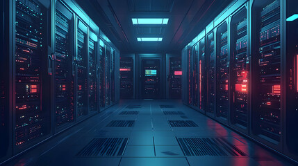 A futuristic server room with illuminated data racks and cool tones.