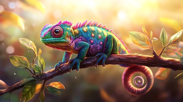 A vibrant chameleon perched on a branch with its tail curled, surrounded by leaves and a blurred background of sunlight.