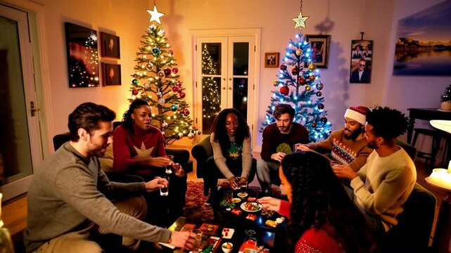 Friends playing games during Christmas gathering