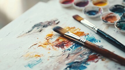Fototapeta premium An artistic scene featuring a watercolor palette and brushes on a white backdrop, providing a clean space for creative expressions and ideas.