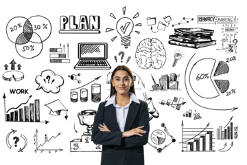Confident businesswoman stands with arms crossed, surrounded by sketched business charts, graphs, and icons on a white background, symbolizing planning and strategy