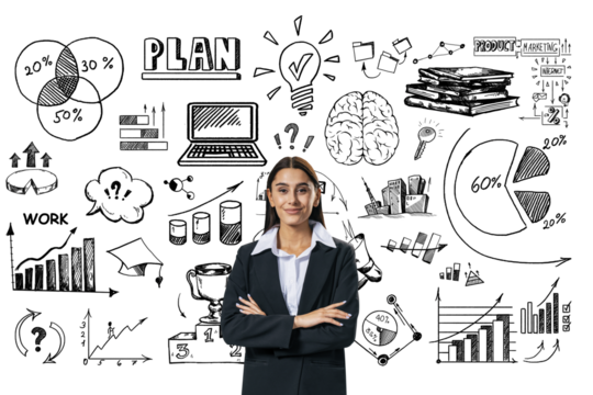 Confident businesswoman stands with arms crossed, surrounded by sketched business charts, graphs, and icons on a white background, symbolizing planning and strategy