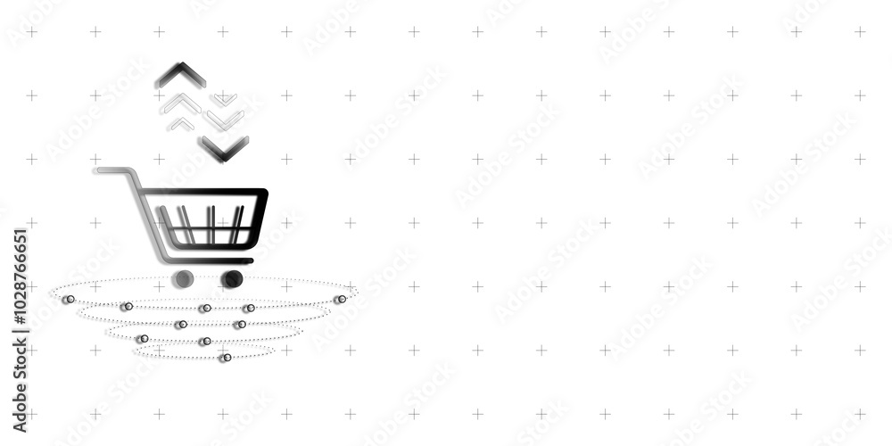 Poster A minimalistic shopping cart icon with arrows pointing above it and dotted lines beneath. Isolated on a clean white background. Concept of online shopping. 3D Rendering