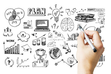 A hand sketching business strategy icons, graphs, and symbols on a clean white background,...