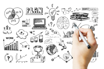 A hand sketching business strategy icons, graphs, and symbols on a clean white background, illustrating work, planning, and education concepts