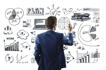 A man in a blue suit is drawing business strategy sketches on a white background, symbolizing planning and work processes