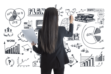 Businesswoman seen from the back drawing charts and graphs on whiteboard, holding documents. Black and white sketch, white background. Concept of planning