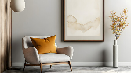 Boho, scandinavian interior design of modern living room with accent armchair and big frame on grey wall.