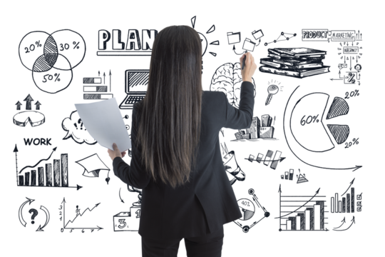 Businesswoman seen from the back drawing charts and graphs on whiteboard, holding documents. Black and white sketch, white background. Concept of planning