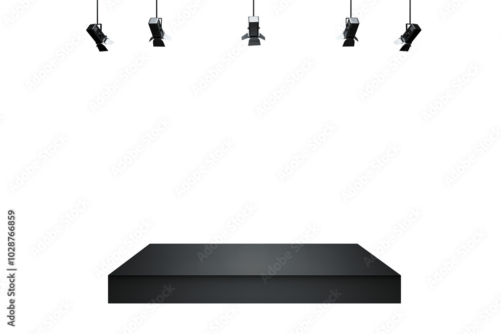 Poster black podium on a white background with five black spotlights hanging above. concept for product dis