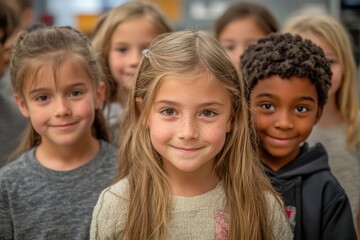 Obraz premium Group of elementary school students standing together in a classroom, Generative AI