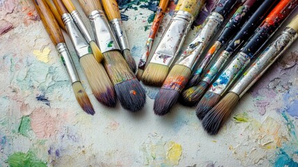 Fototapeta premium An elegant arrangement of paintbrushes and a watercolor set on a white surface, perfect for promoting art concepts with ample copy space.