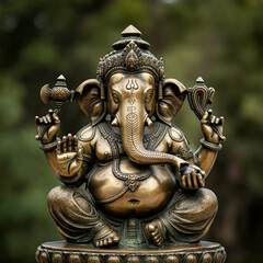 Fototapeta premium Brass sculpture of Lord Ganesha with a serene expression, seated in a meditative pose