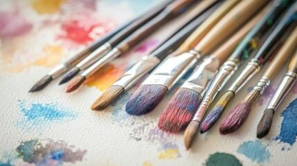 Fototapeta premium An elegant arrangement of paintbrushes and a watercolor set on a white surface, perfect for promoting art concepts with ample copy space.