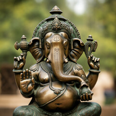 Fototapeta premium Intricate brass sculpture of Lord Ganesha, symbolizing wisdom and prosperity