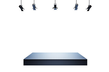 A blue podium under four ceiling spotlights, isolated on a white background. Clean layout for product display, copy space, exhibition. 3D Rendering