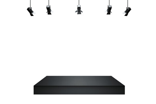 Black podium on a white background with five black spotlights hanging above. Concept for product display or exhibition. 3D Rendering