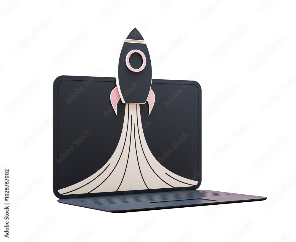 Poster black matte laptop with a rocket launching from the screen, isolated on a white background, symboliz