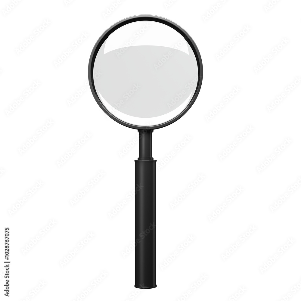Poster magnifying glass with a black handle and round lens isolated on a clean white background. concept of