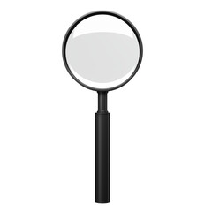 Magnifying glass with a black handle and round lens isolated on a clean white background. Concept of search, focus, and investigation. 3D Rendering.