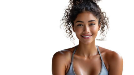 A vibrant PNG cutout of a smiling fitness instructor, radiating energy and positivity. Perfect for fitness branding, promotional materials, health and wellness campaigns, or workout guides.