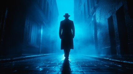 A man in a hat walks down a dark alleyway