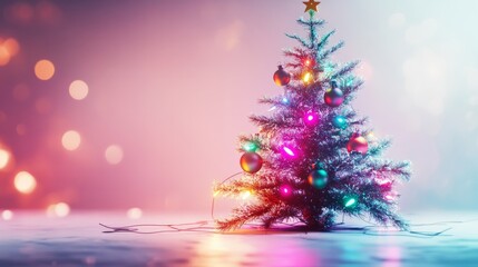 christmas tree with neon lights and snowflakes against pink background