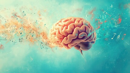 Obraz premium An imaginative portrayal of a human brain resonating with music and melody, surrounded by a soft pastel blue background, celebrating creativity and inspiration.