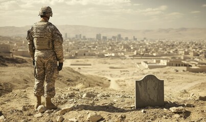 Fototapeta premium Soldier overlooking city with a tombstone.