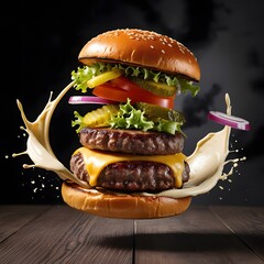 Delicious hamburger with beef bacon cheese and fresh vegetables isolated on a black background