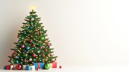 green and decorated christmas tree with against white background