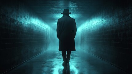A man is walking down a dark tunnel with a hat on
