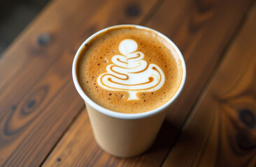 A white paper cappuccino cup with foam and a Christmas tree pattern on it.