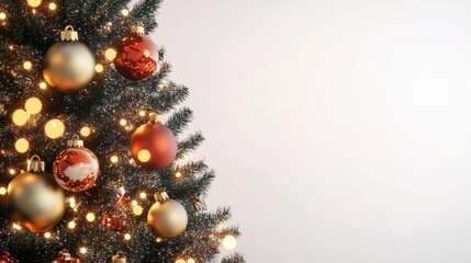 Obraz premium close-up christmas tree with balls and lights isolated on white