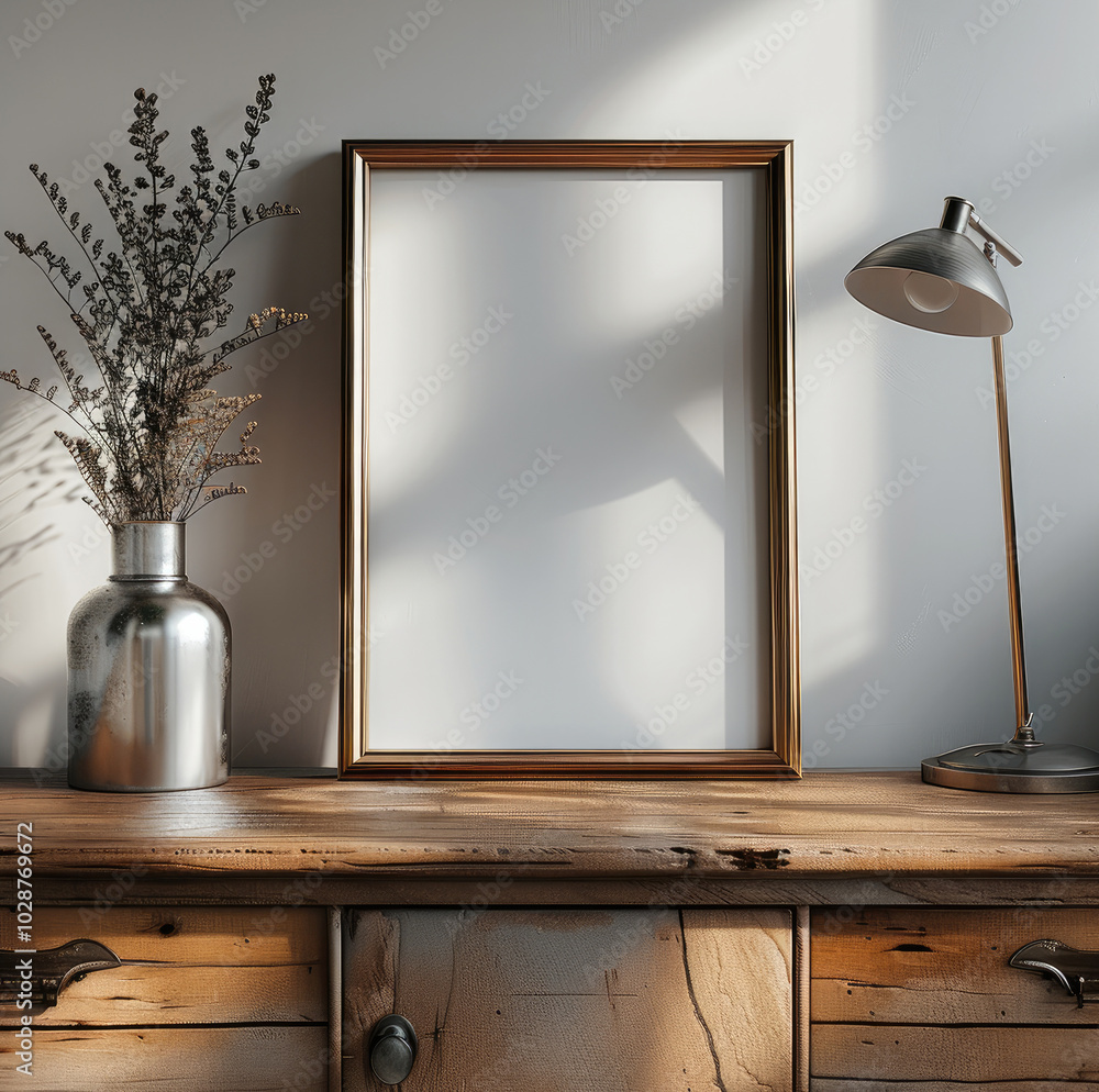Aufkleber A vertical frame on the sideboard. the frame is empty. Frame is a white blank background.