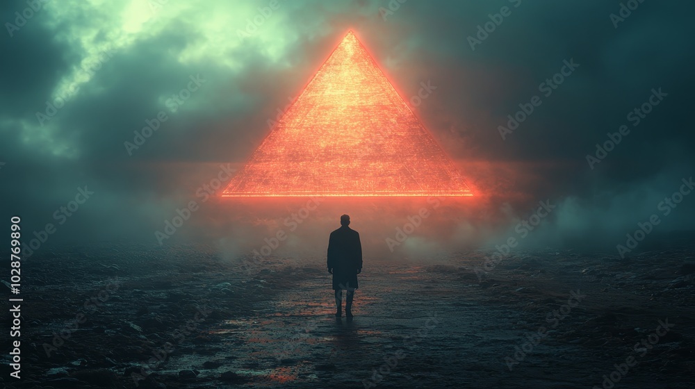 Poster A man stands in front of a pyramid shaped structure with a glowing red light