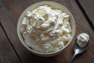 Whipped cream served in a bowl on a rustic wooden table