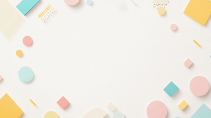 White background with pastel geometric shapes in a frame.