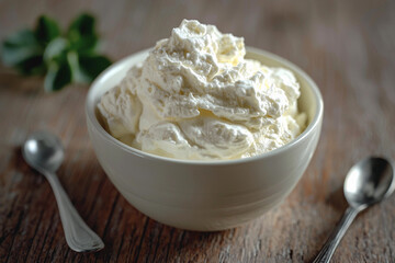 Creamy whipped topping in a bowl on a rustic wooden surface