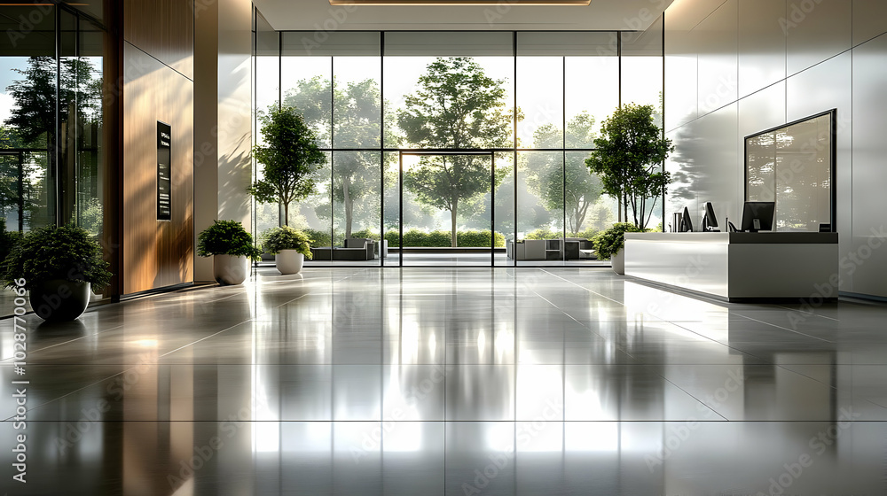 Poster modern lobby with large windows and greenery for a welcoming atmosphere.