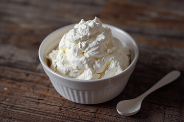 Delicious creamy whipped topping in a white bowl on wooden table