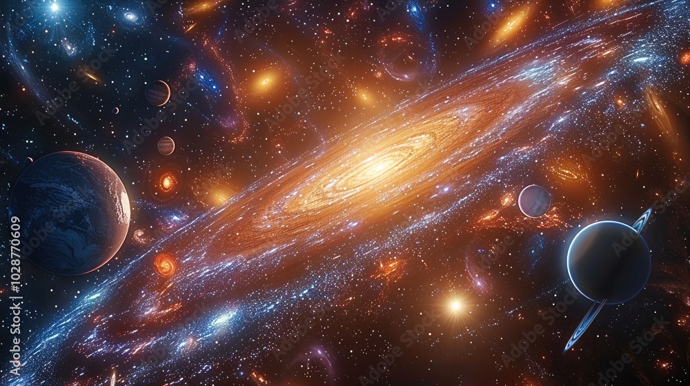 Poster Multiple stellar systems in the Milky Way, each with its own stars and planets. Some stars are red, others blue, with planets of different sizes orbiting them. galaxies full of celestial objects.