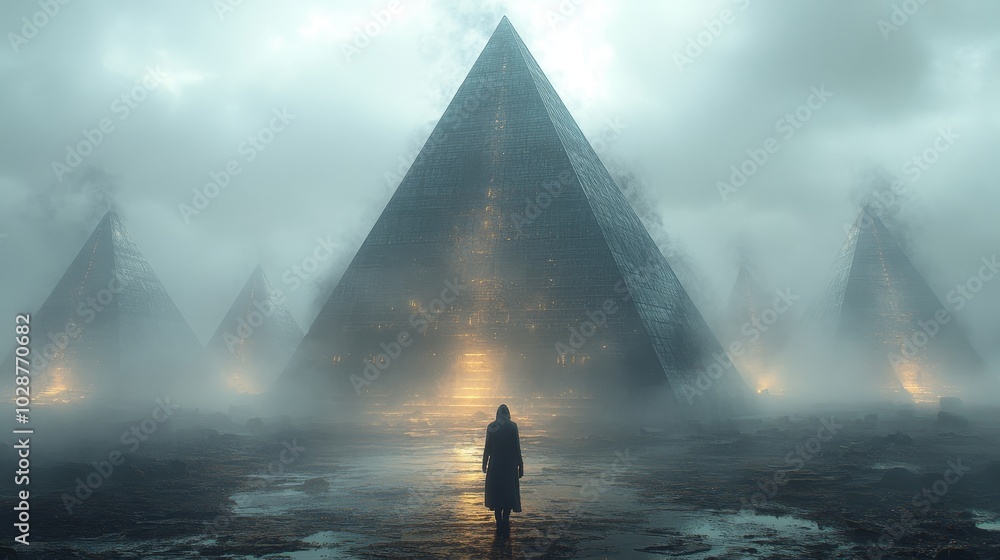 Sticker A man stands in front of a pyramid in a foggy, mysterious atmosphere