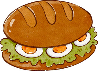 cute batard bread sandwich with egg and lettuce, hand-drawn watercolor illustration