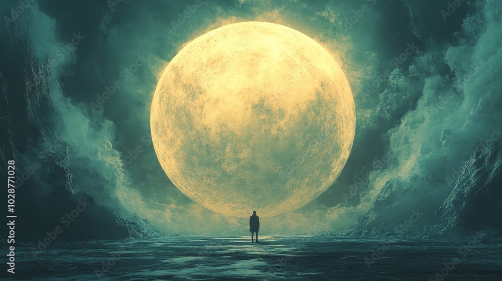 Wall mural A person stands on a beach in front of a large yellow moon